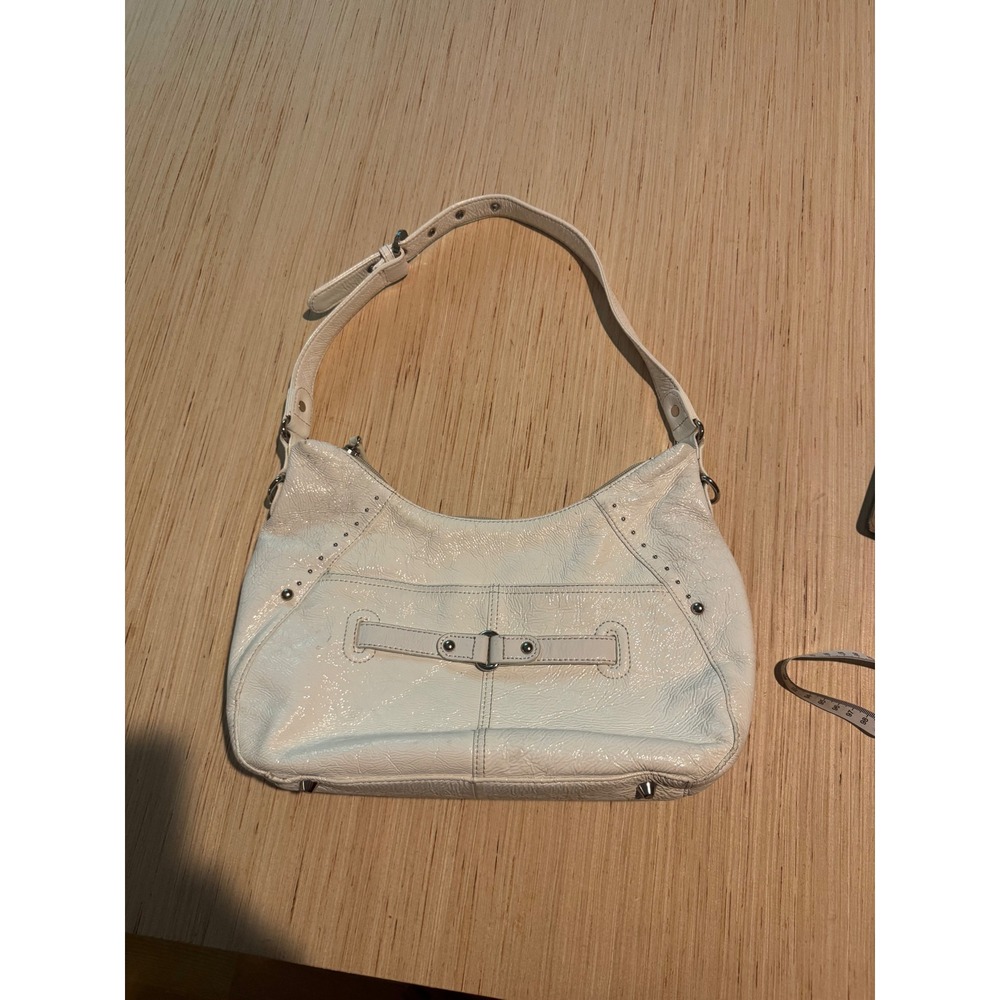 B. Makowsky White Patent Leather Hobo Shoulder Bag Silver Hardware Studded 45